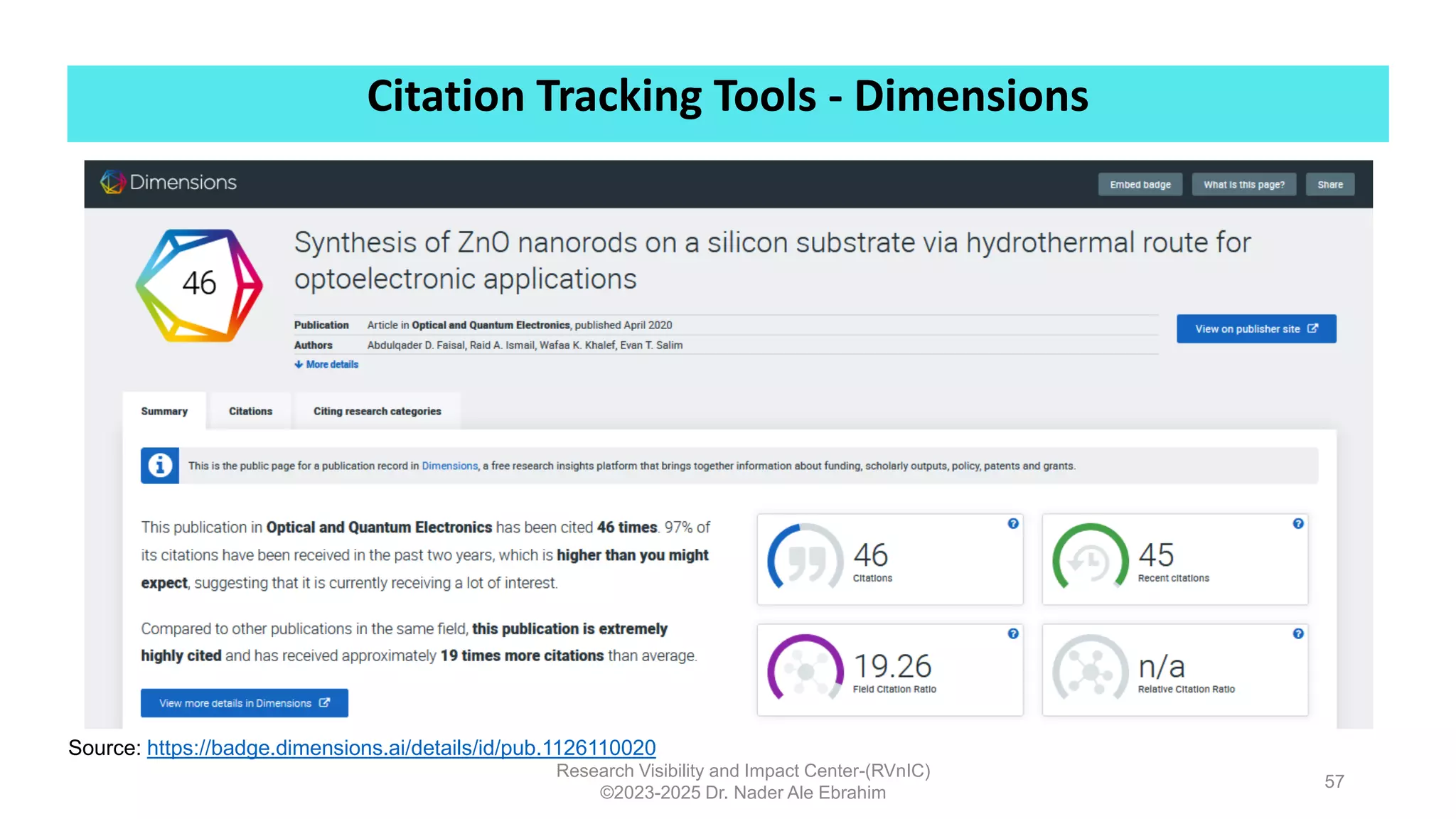 Citation Tracking Tools - Dimensions
Research Visibility and Impact Center-(RVnIC)
©2023-2025 Dr. Nader Ale Ebrahim
57
Source: https://badge.dimensions.ai/details/id/pub.1126110020
 