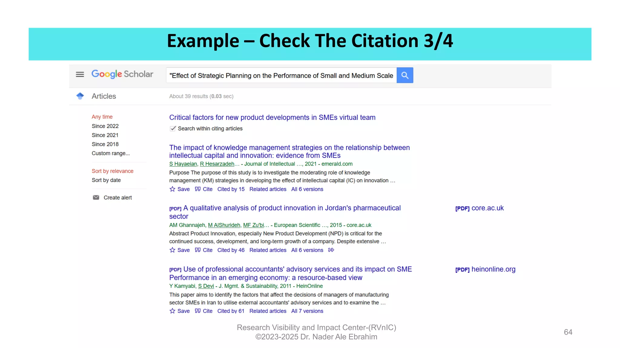 Example – Check The Citation 3/4
Research Visibility and Impact Center-(RVnIC)
©2023-2025 Dr. Nader Ale Ebrahim
64
 