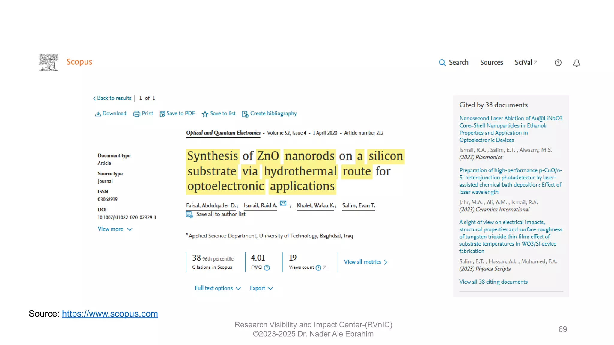 Research Visibility and Impact Center-(RVnIC)
©2023-2025 Dr. Nader Ale Ebrahim
69
Source: https://www.scopus.com
 