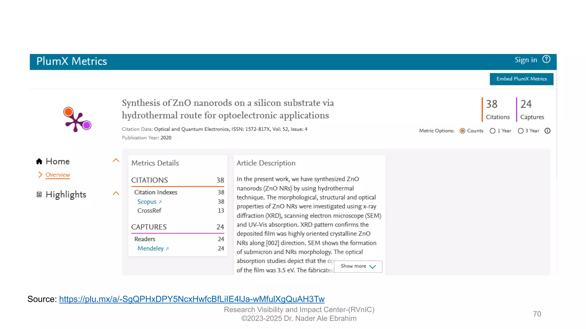 Research Visibility and Impact Center-(RVnIC)
©2023-2025 Dr. Nader Ale Ebrahim
70
Source: https://plu.mx/a/-SgQPHxDPY5NcxHwfcBfLiIE4lJa-wMfulXgQuAH3Tw
 
