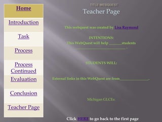 Home
                                Teacher Page
Introduction
                      This webquest was created by Lisa Raymond

   Task                             INTENTIONS:
                       This WebQuest will help _______students
                            ____________________________ .
  Process

                                  STUDENTS WILL:
  Process
 Continued
 Evaluation    External links in this WebQuest are from________________.



Conclusion
                                   Michigan GLCEs:

Teacher Page

                       Click HERE to go back to the first page
 