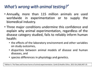 What’s wrong with animal testing?*
• Annually, more than 115 million animals are used
worldwide in experimentation or to supply the
biomedical industry.
• Three major conditions undermine this confidence and
explain why animal experimentation, regardless of the
disease category studied, fails to reliably inform human
health:
• the effects of the laboratory environment and other variables
on study outcomes,
• disparities between animal models of disease and human
diseases, and
• species differences in physiology and genetics.
*Akhtar A. The flaws and human harms of animal experimentation. Camb Q Healthc Ethics. 2015 Oct;24(4):407-19.
 