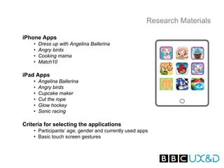 Research Materials

iPhone Apps
    •   Dress up with Angelina Ballerina
    •   Angry birds
    •   Cooking mama
    •   Match10

iPad Apps
    •   Angelina Ballerina
    •   Angry birds
    •   Cupcake maker
    •   Cut the rope
    •   Glow hockey
    •   Sonic racing

Criteria for selecting the applications
    • Participants’ age, gender and currently used apps
    • Basic touch screen gestures
 