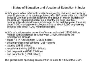 Status of Education and Vocational Education in India ,[object Object],[object Object],[object Object],[object Object],[object Object],[object Object],[object Object],[object Object],[object Object]