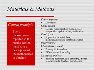 Materials & Methods
□ Ethics approval
■ Described
□ Study design
■
□
Design, randomization (blinding …),
sample size, optimization, justification
Participants
■
□
□
Population sampled from,
inclusion/exclusion, sampling scheme
Interventions
Clinical assessment
■
■
Primary & Secondary
Efficacy as well as safety
□ Statistical analysis
■ Baseline treatment, data censoring, model
selection, tests, levels of significance
Central principle
Every
measurement
reported in the
results section
must have a
description of
the method used
to obtain it
 