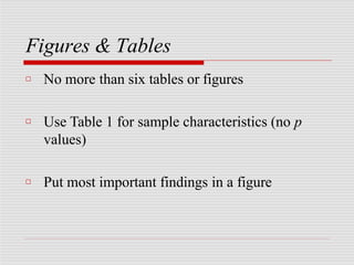 Figures & Tables
□ No more than six tables or figures
□ Use Table 1 for sample characteristics (no p
values)
□ Put most important findings in a figure
 