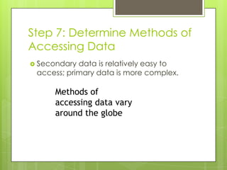 Step 7: Determine Methods of
Accessing Data
 Secondary data is relatively easy to
 access; primary data is more complex.

     Methods of
     accessing data vary
     around the globe
 