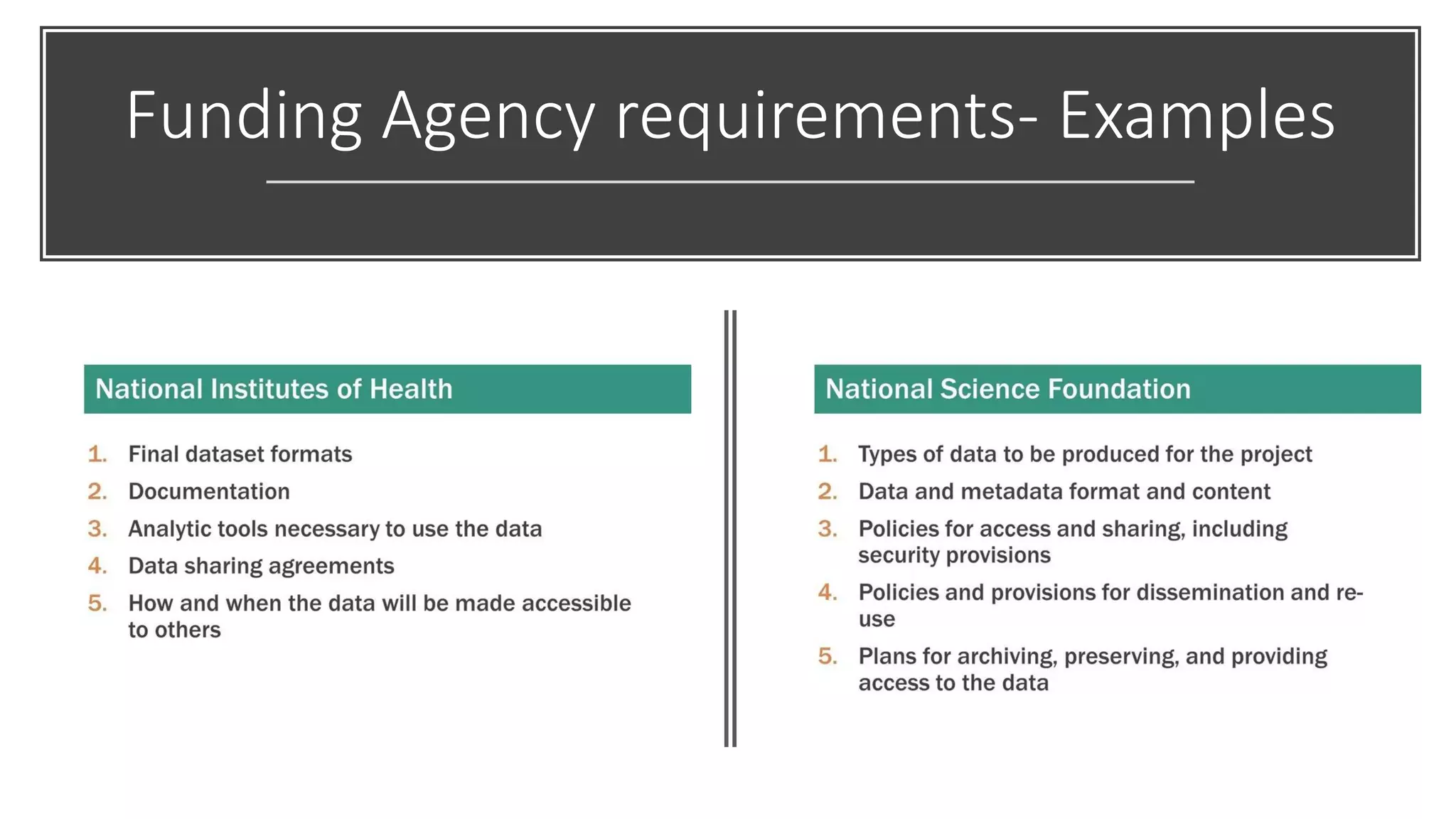 Funding Agency requirements- Examples
 