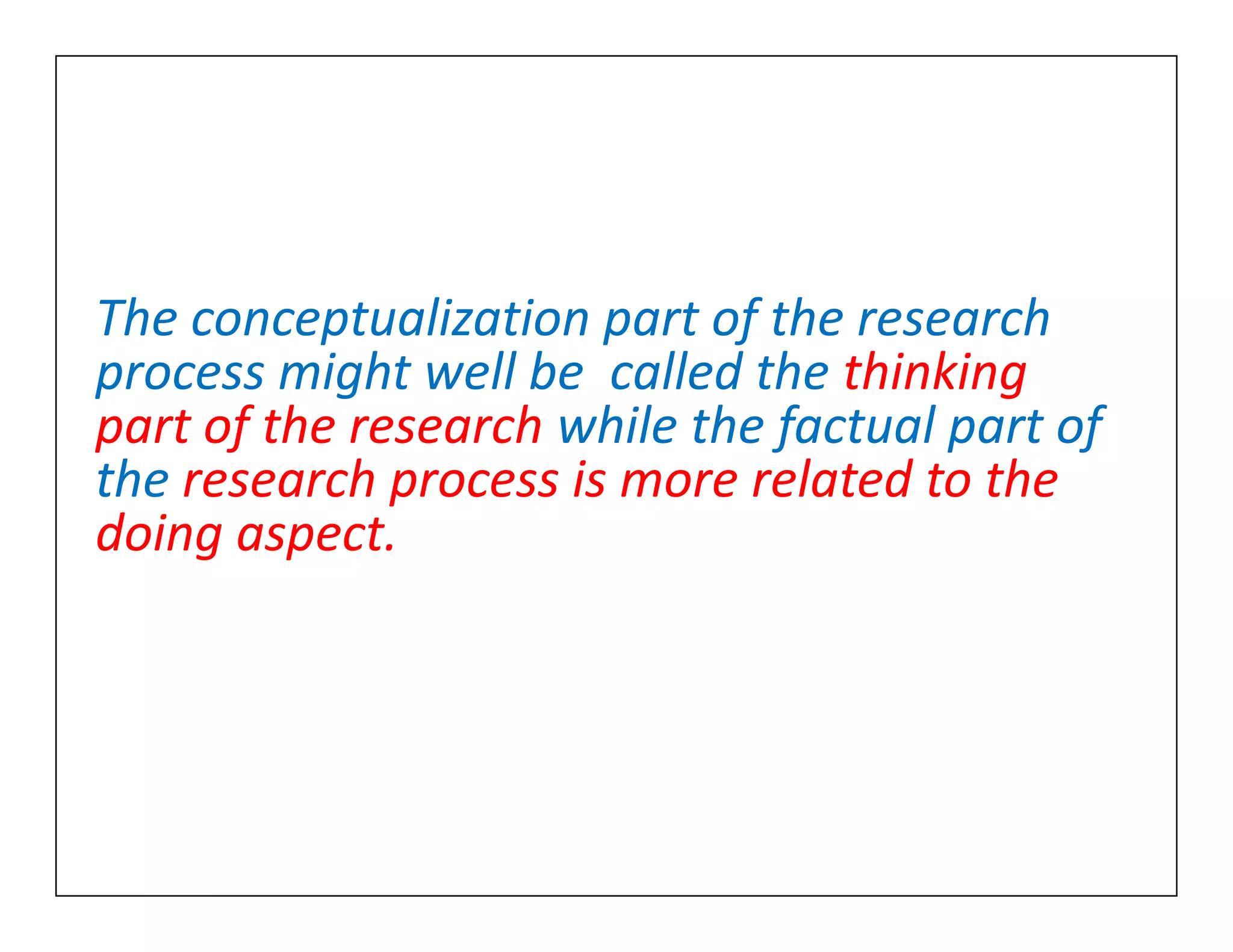 The conceptualization part of the research
process might well be called the thinking
part of the research while the factual part of
the research process is more related to the
doing aspect.
The conceptualization part of the research
process might well be called the thinking
part of the research while the factual part of
the research process is more related to the
doing aspect.
 