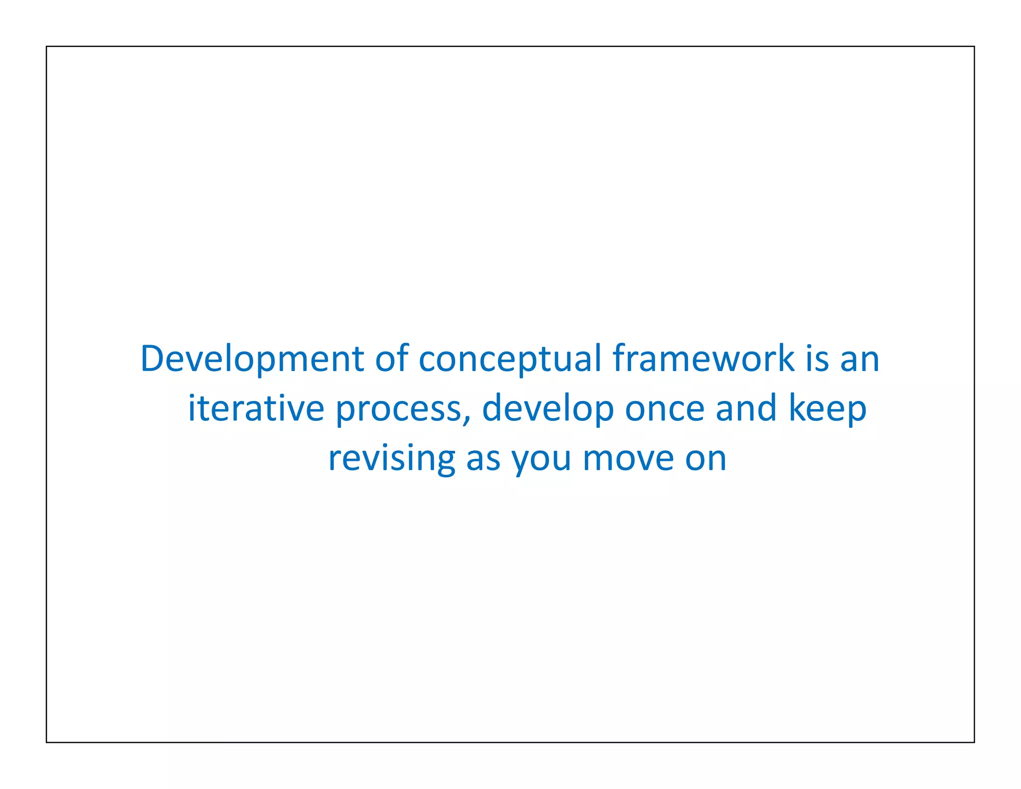 Development of conceptual framework is an
iterative process, develop once and keep
revising as you move on
Development of conceptual framework is an
iterative process, develop once and keep
revising as you move on
 