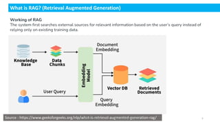 What is RAG? (Retrieval Augmented Generation)
Working of RAG
The system first searches external sources for relevant information based on the user’s query instead of
relying only on existing training data.
Source : https://www.geeksforgeeks.org/nlp/what-is-retrieval-augmented-generation-rag/
Dr.Rathishchandra R. Gatti , gattirathish@gmail.com . 5
 