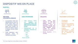 © Ipsos | Rapport pour Via Sèva_Réseau de chaleur_19-079429-013 ‒
MÉTHODE
D’ÉCHANTILLONNAGE
CIBLE INTERROGÉE COLLECTE TRAITEMENT STATISTIQUE
DISPOSITIF MIS EN PLACE
RAPPEL
• La population cible sera
sélectionnée au sein du
panel online Ipsos via
un algorithme aléatoire
ayant pour finalité de
donner la même chance
à chaque individu d’être
sollicité
• Cette population sera
structure selon la
méthode des quotas
• 1000 individus 18-70
ans résidant en
appartement dans une
ville de 20 000 habitants
et plus
• Représentatif de la
population française sur
les critères :
‒ Sexe
‒ Age
‒ Région
Source: Eurostat
• Cette étude sera
réalisée en Ad hoc
online, auprès d’un
échantillon issus de
l’Access Panels On-
Line d’Ipsos (vivier
qualifié de 400.000
individus en France).
• Durée moyenne = 7
minutes
• Pondération de
l’échantillon
• Méthode de pondération
utilisée : Méthode de
calage sur marge,
• Critères de
redressement : sexe,
âge, région, profession
de la personne de
référence.
 