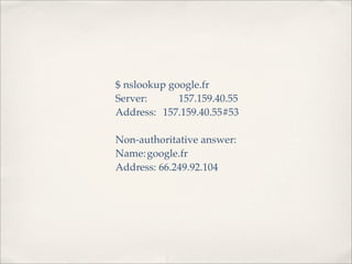 $ nslookup google.fr
Server:! ! 157.159.40.55
Address:! 157.159.40.55#53

Non-authoritative answer:
Name:!google.fr
Address: 66.249.92.104
 