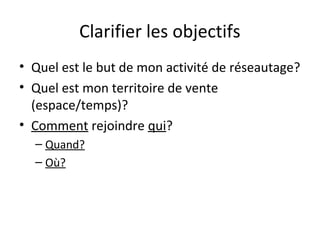 Clarifier les objectifs
• Quel est le but de mon activité de réseautage?
• Quel est mon territoire de vente
(espace/temps)?
• Comment rejoindre qui?
– Quand?
– Où?
 