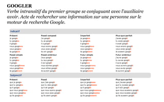 GOOGLER
Verbe intransitif du premier groupe se conjuguant avec l'auxiliaire
avoir. Acte de rechercher une information sur une personne sur le
moteur de recherche Google.
 