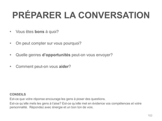 PRÉPARER LA CONVERSATION
•   Vous êtes bons à quoi?

•   On peut compter sur vous pourquoi?

•   Quelle genres d‟opportunités peut-on vous envoyer?

•   Comment peut-on vous aider?




CONSEILS
Est-ce que votre réponse encourage les gens à poser des questions.
Est-ce qu‟elle mets les gens à l‟aise? Est-ce qu‟elle met en évidence vos compétences et votre
personnalité. Répondez avec énergie et un bon ton de voix.

                                                                                                 102
 