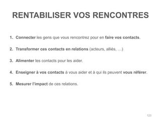 RENTABILISER VOS RENCONTRES

1. Connecter les gens que vous rencontrez pour en faire vos contacts.

2. Transformer ces contacts en relations (acteurs, alliés, …)

3. Alimenter les contacts pour les aider.

4. Enseigner à vos contacts à vous aider et à qui ils peuvent vous référer.

5. Mesurer l‟impact de ces relations.




                                                                          123
 