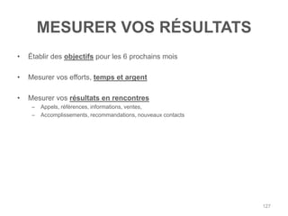 MESURER VOS RÉSULTATS
•   Établir des objectifs pour les 6 prochains mois

•   Mesurer vos efforts, temps et argent

•   Mesurer vos résultats en rencontres
     –   Appels, références, informations, ventes,
     –   Accomplissements, recommandations, nouveaux contacts




                                                                127
 