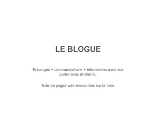 LE BLOGUE

Échanges + communications + interactions avec vos
             partenaires et clients.

    Toile de pages web enracinées sur la toile.
 