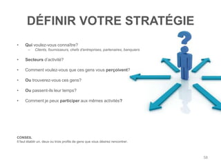 DÉFINIR VOTRE STRATÉGIE
•    Qui voulez-vous connaître?
       –    Clients, fournisseurs, chefs d’entreprises, partenaires, banquiers

•    Secteurs d‟activité?

•    Comment voulez-vous que ces gens vous perçoivent?

•    Ou trouverez-vous ces gens?

•    Ou passent-ils leur temps?

•    Comment je peux participer aux mêmes activités?




CONSEIL
Il faut établir un, deux ou trois profils de gens que vous désirez rencontrer.



                                                                                 58
 