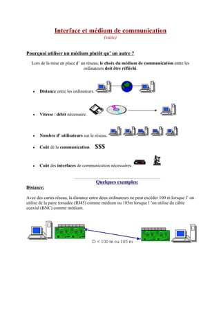 Interface et médium de communication 
(suite) 
Pourquoi utiliser un médium plutôt qu’ un autre ? 
Lors de la mise en place d’ un réseau, le choix du médium de communication entre les 
ordinateurs doit être réfléchi. 
• Distance entre les ordinateurs. 
• Vitesse / débit nécessaire. 
• Nombre d’ utilisateurs sur le réseau. 
• Coût de la communication. $$$ 
• Coût des interfaces de communication nécessaires. 
Quelques exemples: 
Distance: 
Avec des cartes réseau, la distance entre deux ordinateurs ne peut excéder 100 m lorsque l’ on 
utilise de la paire torsadée (RJ45) comme médium ou 185m lorsque l ’on utilise du câble 
coaxial (BNC) comme médium. 
 