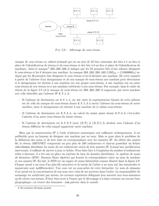 routeur RInternet
réseau X.Y.2.0
réseau X.Y.1.0
trafic
vers X.Y.0.0
X.Y.1.1 X.Y.1.2 X.Y.1.3
X.Y.2.2X.Y.2.1
Fig. 2.8 - Adressage de sous-r seau
masque de sous-r seau ou subnet netmask qui est un mot de 32 bits contenant des bits 1 au lieu et
place de l'identi cateur de r seau et de sous-r seau et des bits 0 au lieu et place de l'identi cateur de
machines. Ainsi le masque2
255.255.255.0 indique que les 24 premiers bits d'une adresse d signent
le sous-r seau et les 8 derniers une machine. Le masque 255.255.255.192 ((192)10 = (11000000)2 ) in-
dique que les 26 premiers bits d signent le sous r seau et les 6 derniers une machine. De cette mani re
partir de l'adresse d'un datagramme et de son masque de sous-r seau une machine peut d terminer
si le datagramme est destin une machine sur son propre sous-r seau, une machine sur un autre
sous-r seau de son r seau ou une machine ext rieure son sous-r seau. Par exemple, dans le cadre du
r seau de la gure 2.8 o le masque de sous-r seau est 255.255.255.0 supposons que notre machine
soit celle identi e par l'adresse IP X.Y.1.2.
Si l'adresse de destination est X.Y.1.1, un et entre la repr sentation binaire de cette adresse
est de celle du masque de sous-r seau donne X.Y.1.0 savoir l'adresse du sous-r seau de notre
machine, donc le datagramme est destin une machine de ce m me sous-r seau.
Si l'adresse de destination est X.Y.2.1, un calcul du m me genre donne X.Y.2.0 c'est- -dire
l'adresse d'un autre sous-r seau du m me r seau.
Si l'adresse de destination est S.T.U.V (avec (S T) 6= (X Y )) le r sultat sera l'adresse d'un
r seau di rent de celui auquel appartient notre machine.
Bien que la num rotation IP l'aide d'adresses num riques soit su sante techniquement, il est
pr f rable pour un humain de d signer une machine par un nom. Mais se pose alors le probl me de
la d nition des noms et de leur mise en correspondance avec les num ros IP. Au d but des ann es
80, le r seau ARPANET comportait un peu plus de 200 ordinateurs et chacun poss dait un chier
/etc/hosts identi ant les noms de ces ordinateurs suivis de leur num ro IP. Lorsqu'une modi cation
intervenait, il su sait de mettre jour ce chier. Pour faire face l'explosion du nombre d'ordinateurs
reli s Internet, il a t mis en place un syst me de base de donn es distribu es: le syst me de noms
de domaines (DNS: Domain Name System) qui fournit la correspondance entre un nom de machine
et son num ro IP. En fait, le DNS est un espace de noms hi rarchis comme illustr dans la gure 2.9.
Chaque n ud a un nom d'au plus 63 caract res et la racine de l'arbre a un nom nul (les minuscules et
majuscules sont indi renci es). Une zone est un sous-arbre de cette hi rarchie. Le nom de domaine
d'un n ud est la concat nation de son nom avec celui de ses anc tres dans l'arbre. La responsabilit du
nommage est subdivis e par niveau, les niveaux sup rieurs d l guant leur autorit aux sous-domaines
qu'ils cr ent eux-m mes. Il faut bien avoir l'esprit que le d coupage n'a dans certains cas aucune base
g ographique on trouve des domaines .com partout dans le monde.
2: En notation d cimale point e.
39
 
