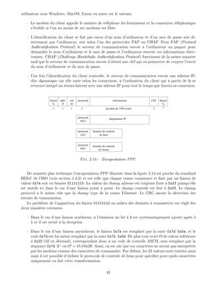 ordinateur sous Windows, MacOS, Linux ou autre est le suivant.
Le modem du client appelle le num ro de t l phone du fournisseur et la connexion t l phonique
s' tablit si l'un au moins de ses modems est libre.
L'identi cation du client se fait par envoi d'un nom d'utilisateur et d'un mot de passe soit di-
rectement par l'utilisateur, soit selon l'un des protocoles PAP ou CHAP. Pour PAP (Protocol
Authenti cation Protocol) le serveur de communication envoie l'ordinateur un paquet pour
demander le nom d'utilisateur et le mot de passe et l'ordinateur renvoie ces informations direc-
tement. CHAP (Challenge Handshake Authenti cation Protocol) fonctionne de la m me mani re
sauf que le serveur de communication envoie d'abord une clef qui va permettre de crypter l'envoi
du nom d'utilisateur et du mot de passe.
Une fois l'identi cation du client control e, le serveur de communication envoie une adresse IP,
dite dynamique car elle varie selon les connexions, l'ordinateur du client qui partir de l se
retrouve int gr au r seau Internt avec une adresse IP pour tout le temps que durera sa connexion.
fanion
7e
fanion
7e
addr
ff
ctrl
03
protocole informations CRC
protocole
protocole
protocole
0021
c021
8021
datagramme IP
données de controle
de liens
données de controle
de réseau
21 1 1 2 1pas plus de 1500 octets
Fig. 2.14 - Encapsulation PPP.
De mani re plus technique l'encapsulation PPP illustr e dans la gure 2.14 est proche du standard
HDLC de l'ISO (voir section 1.4.2) et est telle que chaque trame commence et nit par un fanion de
valeur 0x7e soit en binaire 01111110. La valeur du champ adresse est toujours x e 0xff puisqu'elle
est inutile ici dans le cas d'une liaison point point. Le champ contr le est x 0x03. Le champ
protocol a le m me r le que la champ type de la trame Ethernet. Le CRC assure la d tection des
erreurs de transmission.
Le probl me de l'apparition du fanion 01111110 au milieu des donn es transmettre est r gl des
deux mani res suivantes.
- Dans le cas d'une liaison synchrone, l' mission un bit 0 est syst matiquement ajout apr s 5
1 et il est retir la r ception.
- Dans le cas d'une liaison asynchrone, le fanion 0x7e est remplac par la suite 0x7d 0x5e, et le
code 0x7d est lui-m me remplac par la suite 0x7d 0x5d. De plus tout octet O de valeur inf rieure
0x20 (32 en d cimal), correspondant donc un code de contr le ASCII, sera remplac par la
s quence 0x7d O' o O0 = O 0x20. Ainsi, on est s r que ces caract res ne seront pas interpr t s
par les modems comme des caract res de commandes. Par d faut, les 32 valeurs sont trait es ainsi
mais il est possible d'utiliser le protocole de contr le de liens pour sp ci er pour quels caract res
uniquement on fait cette transformation.
45
 