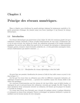 Chapitre 1
Principe des r seaux num riques.
Dans ce chapitre nous aborderons les grands principes r gissant les quipements mat riels et lo-
giciels permettant d' changer des donn es mises sous forme num rique et qui forment les r seaux
informatiques.
1.1 Introduction.
Les r seaux informatiques qui permettaient leur origine de relier des terminaux passifs de gros
ordinateurs centraux autorisent l'heure actuelle l'interconnexion de tous types, d'ordinateurs que
ce soit de gros serveurs, des stations de travail, des ordinateurs personnels ou de simples terminaux
graphiques. Les services qu'ils o rent font partie de la vie courante des entreprises et administrations
(banques, gestion, commerce, bases de donn es, recherche, etc...) et des particuliers (messagerie, loisirs,
services d'informations par minitel et Internet ...).
1 m 10 m 100 m 1 km 10 km 100 km
bus
d’interconnexion
structure
LAN
réseaux locaux
MAN
réseaux
métropolitains
réseaux
étendus
WAN
Fig. 1.1 - Classi cation des r seaux informatiques selon leur taille.
On peut faire une premi re classi cation des r seaux l'aide de leur taille comme on peut le voir
dans la gure 1.1.
Les bus que l'on trouve dans un ordinateur pour relier ses di rents composants (m moires, p -
riph riques d'entr e-sortie, processeurs, ...) peuvent tre consid r s comme des r seaux d di s des
t ches tr s sp ci ques.
Les structures d'interconnexion sont des r seaux de tr s haut d bits, mais de faible tendue, et
regroupent les pr et post-processeurs des ordinateurs vectoriels par exemple. En e et l'usage d'un
super-calculateur (Cray notamment) n cessite un ordinateur, dit frontal, qui lui pr pare les donn es
et recueille les r sultats.
Un r seau local (Local Area Network) peut s' tendre de quelques m tres quelques kilom tres
et correspond au r seau d'une entreprise. Il peut se d velopper sur plusieurs b timents et permet de
satisfaire tous les besoins internes de cette entreprise.
1
 
