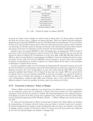 compteur
de saut
code type
de matériel
id. de transaction
nombre de secondes non utilisé
adresse IP du client
votre adresse IP
adresse IP du serveur
adresse matérielle du client
adresse IP du routeur
nom de machine du serveur
nom du fichier de boot
information spécifique du vendeur
longueur
matériel
adresse
Fig. 2.30 - Format de requ te ou r ponse BOOTP.
un proxy est utilis , celui-ci indique son adresse dans le champ pr vu. Le champ adresse mat rielle
du client sert celui-ci pour y indiquer son adresse physique. Ainsi cette adresse sera plus facilement
disponible pour le processus BOOTP serveur que celle plac e dans la trame Ethernet. Le nom du chier
de boot est le nom du chier transmis par le serveur au client pour que celui-ci puisse ensuite continuer
son d marrage. La derni re partie du message est r serv e des caract ristiques particuli res donn es
par chaque constructeur de mat riel et permet d'ajouter des fonctionnalit s suppl mentaires.
Quand il met une requ te BOOTP, le client l'encapsule dans un datagramme UDP en xant le
port source 68 et le port destination (celui du serveur) 67. Dans la majorit des cas, il ne sait pas
pr ciser la valeur de l'adresse IP de destination et la xe donc glae 255.255.255.255 l'adresse de
di usion. Ainsi, la trame Ethernet correspondante sera di us e toutes les machines du r seau et gr ce
au num ro de port seuls le(s) serveur(s) BOOTP re oit le message et le traite. Pour cela, il consulte
la table de correspondance et retourne sa r ponse en y xant l'adresse IP du client, le nom du chier
t l charger et l'adresse IP du serveur.
Il reste un probl me r gler. Lors de l' mission du datagramme IP contenant la r ponse, la couche
de liens doit tablir la correspondance adresse IP/adresse physique du client pour construire la trame
physique mettre. Or, cette correspondance ne peut tre connue dans la table ARP cet instant
puisque la machine client d marre. Et si le logiciel de liens met une requ te ARP (voir section 2.4.4)
la machine client ne sait pas r pondre puisqu'elle ne peut pas reconna tre son adresse IP qu'elle ne
conna t pas encore. Il existe deux solutions ce probl me. Soit, le module BOOTP, qui dispose de
cette correspondance, enrichit la table ARP avant d' mettre. Soit, il n'en a pas les droits et alors il
di use la r ponse toutes les machines du r seau, mais cette solution est viter.
2.7.2 Connexion distance: Telnet et Rlogin.
Telnet et Rlogin sont deux applications qui permettent un utilisateur de se connecter distance
sur un ordinateur, pourvu que cet utilisateur y dispose d'un acc s autoris . Ces deux applications
permettent toutes les deux de prendre le contr le (du moins partiellement) d'un ordianteur distant,
mais Rlogin ne permet de le faire qu'entre deux machines Unix, tandis qu'il existe des clients Telnet
pour de nombreuses plateformes (Unix, Windows, MacOs, ...). Telnet et Rlogin sont tous les deux b tis
sur TCP.
Le sch ma de fonctionnement de Telnet est donn dans la gure 2.31. Telnet d nit une interface
de communication, le terminal virtuel de r seau, pour que clients et serveurs n'aient pas conna tre
les d tails d'implantation de chaque syst me d'exploitation. De cette fa on, les changes se font dans
un langage commun compris la fois par le client et le serveur qui n'ont qu' assurer une traduction
de (ou vers) leur propre langage vers (depuis) ce langage cible.
65
 