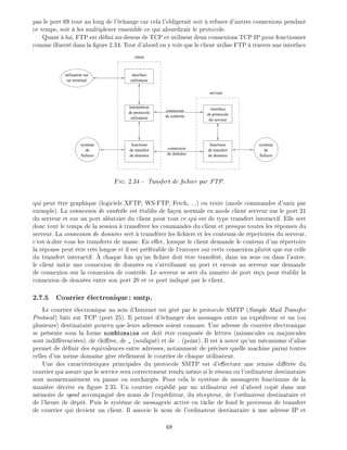pas le port 69 tout au long de l' change car cela l'obligerait soit refuser d'autres connexions pendant
ce temps, soit les multiplexer ensemble ce qui alourdirait le protocole.
Quant lui, FTP est d ni au-dessus de TCP et utilisent deux connexions TCP IP pour fonctionner
comme illustr dans la gure 2.34. Tout d'abord on y voit que le client utilise FTP travers une interface
système
de
fichiers
interface
de protocole
du serveur
fonctions
de transfert
de données
fonctions
de transfert
de données
utilisation sur
un terminal
système
de
fichiers
de controle
connexion
connexion
de données
interface
utilisateur
interpréteur
de protocole
utilisateur
client
serveur
Fig. 2.34 - Tansfert de chier par FTP.
qui peut tre graphique (logiciels XFTP, WS-FTP, Fetch, ...) ou texte (mode commandes d'unix par
exemple). La connexion de contr le est tablie de fa on normale en mode client serveur sur le port 21
du serveur et sur un port al atoire du client pour tout ce qui est de type transfert interactif. Elle sert
donc tout le temps de la session transf rer les commandes du client et presque toutes les r ponses du
serveur. La connexion de donn es sert transf rer les chiers et les contenus de r pertoires du serveur,
c'est- -dire tous les transferts de masse. En e et, lorsque le client demande le contenu d'un r pertoire
la r ponse peut tre tr s longue et il est pr f rable de l'envoyer sur cette connexion plut t que sur celle
du transfert interactif. chaque fois qu'un chier doit tre transf r , dans un sens ou dans l'autre,
le client initie une connexion de donn es en s'attribuant un port et envoie au serveur une demande
de connexion sur la connexion de contr le. Le serveur se sert du num ro de port re u pour tablir la
connexion de donn es entre son port 20 et ce port indiqu par le client.
2.7.5 Courrier lectronique: smtp.
Le courrier lectronique au sein d'Internet est g r par le protocole SMTP (Simple Mail Transfer
Protocol) b ti sur TCP (port 25). Il permet d' changer des messages entre un exp diteur et un (ou
plusieurs) destinataire pourvu que leurs adresses soient connues. Une adresse de courrier lectronique
se pr sente sous la forme nom@domaine est doit tre compos e de lettres (minuscules ou majuscules
sont indi renci es), de chi res, de _ (soulign ) et de . (point). Il est noter qu'un m canisme d'alias
permet de d nir des quivalences entre adresses, notamment de pr ciser quelle machine parmi toutes
celles d'un m me domaine g re r ellement le courrier de chaque utilisateur.
Une des caract ristiques principales du protocole SMTP est d'e ectuer une remise di r e du
courrier qui assure que le service sera correctement rendu m me si le r seau ou l'ordinateur destinataire
sont momentan ment en panne ou surcharg s. Pour cela le syst me de messagerie fonctionne de la
mani re d crite en gure 2.35. Un courrier exp di par un utilisateur est d'abord copi dans une
m moire de spool accompagn des noms de l'exp diteur, du r cepteur, de l'ordinateur destinataire et
de l'heure de d p t. Puis le syst me de messagerie active en t che de fond le processus de transfert
de courrier qui devient un client. Il associe le nom de l'ordinateur destinataire une adresse IP et
68
 
