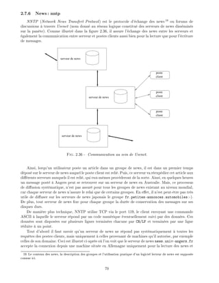 2.7.6 News: nntp
NNTP (Network News Transfert Protocol) est le protocole d' change des news19
ou forums de
discussions travers Usenet (nom donn au r seau logique constitu des serveurs de news diss min s
sur la pan te). Comme illustr dans la gure 2.36, il assure l' change des news entre les serveurs et
galement la communication entre serveur et postes clients aussi bien pour la lecture que pour l' criture
de messages.
serveur de news
serveur de news
serveur de news
client
poste
client
poste
client
poste
Fig. 2.36 - Communication au sein de Usenet.
Ainsi, lorqu'un utilisateur poste un article dans un groupe de news, il est dans un premier temps
d pos sur le serveur de news auquel le poste client est reli . Puis, ce serveur va r exp dier cet article aux
di rents serveurs auxquels il est reli , qui eux-m mes proc deront de la sorte. Ainsi, en quelques heures
un message post Angers peut se retrouver sur un serveur de news en Australie. Mais, ce processus
de di usion syst matique, n'est pas assur pour tous les groupes de news existant au niveau mondial,
car chaque serveur de news n'assure le relai que de certains groupes. En e et, il n'est peut- tre pas tr s
utile de di user sur les serveurs de news japonais le groupe fr.petites-annonces.automobiles :-).
De plus, tout serveur de news xe pour chaque groupe la dur e de conservation des messages sur ses
disques durs.
De mani re plus technique, NNTP utilise TCP via le port 119, le client envoyant une commande
ASCII laquelle le serveur r pond par un code num rique ventuellement suivi par des donn es. Ces
donn es sont dispos es sur plusieurs lignes termin es chacune par CR/LF et termin es par une ligne
r duite un point.
Tout d'abord il faut savoir qu'un serveur de news ne r pond pas syst matiquement toutes les
requ tes des postes clients, mais uniquement celles provenant de machines qu'il autorise, par exemple
celles de son domaine. Ceci est illustr ci-apr s o l'on voit que le serveur de news news.univ-angers.fr
accepte la connexion depuis une machine situ e en Allemagne uniquement pour la lecture des news et
19: Le contenu des news, la description des groupes et l'utilisation pratique d'un logiciel lecteur de news est suppos e
connue ici.
70
 