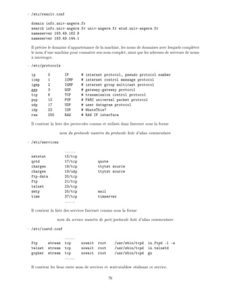 /etc/resolv.conf
domain info.univ-angers.fr
search info.univ-angers.fr univ-angers.fr etud.univ-angers.fr
nameserver 193.49.162.9
nameserver 193.49.144.1
Il pr cise le domaine d'appartenance de la machine, les noms de domaines avec lesquels compl ter
le nom d'une machine pour conna tre son nom complet, ainsi que les adresses de serveurs de noms
interroger.
/etc/protocols
ip 0 IP # internet protocol, pseudo protocol number
icmp 1 ICMP # internet control message protocol
igmp 2 IGMP # internet group multicast protocol
ggp 3 GGP # gateway-gateway protocol
tcp 6 TCP # transmission control protocol
pup 12 PUP # PARC universal packet protocol
udp 17 UDP # user datagram protocol
idp 22 IDP # WhatsThis?
raw 255 RAW # RAW IP interface
Il contient la liste des protocoles connus et utilis s dans Internet sous la forme
nom du protocole num ro du protocole liste d'alias commentaire
/etc/services
.....
netstat 15/tcp
qotd 17/tcp quote
chargen 19/tcp ttytst source
chargen 19/udp ttytst source
ftp-data 20/tcp
ftp 21/tcp
telnet 23/tcp
smtp 25/tcp mail
time 37/tcp timserver
.....
Il contient la liste des services Internet connus sous la forme
nom du service num ro de port/protocole liste d'alias commentaire
/etc/inetd.conf
.....
ftp stream tcp nowait root /usr/sbin/tcpd in.ftpd -l -a
telnet stream tcp nowait root /usr/sbin/tcpd in.telnetd
gopher stream tcp nowait root /usr/sbin/tcpd gn
.....
Il contient les liens entre nom de services et ex cutables r alisant ce service.
76
 