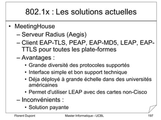 Master Informatique - UCBL
Florent Dupont 197
802.1x : Les solutions actuelles
• MeetingHouse
– Serveur Radius (Aegis)
– C...