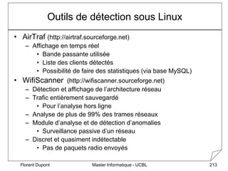 Master Informatique - UCBL
Florent Dupont 213
Outils de détection sous Linux
• AirTraf (http://airtraf.sourceforge.net)
– ...
