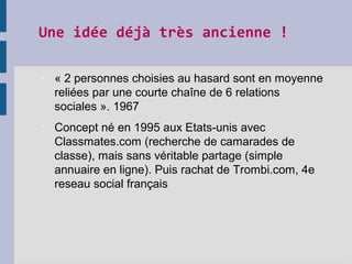 Une idée déjà très ancienne ! 

« 2 personnes choisies au hasard sont en moyenne
reliées par une courte chaîne de 6 relations
sociales ». 1967
 Concept né en 1995 aux Etats-unis avec
Classmates.com (recherche de camarades de
classe), mais sans véritable partage (simple
annuaire en ligne). Puis rachat de Trombi.com, 4e
reseau social français
 