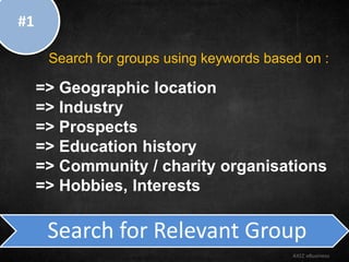 Search for Relevant Group
AXIZ eBusiness
=> Geographic location
=> Industry
=> Prospects
=> Education history
=> Community...