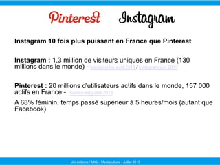 Uni-éditions / MIG – Mediaculture - Juillet 2013
Instagram 10 fois plus puissant en France que Pinterest
Instagram : 1,3 m...