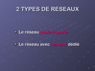 4
4
2 TYPES DE RESEAUX
2 TYPES DE RESEAUX
Le réseau
Le réseau poste à poste
poste à poste
Le réseau avec
Le réseau avec serveur
serveur dédié
dédié
 