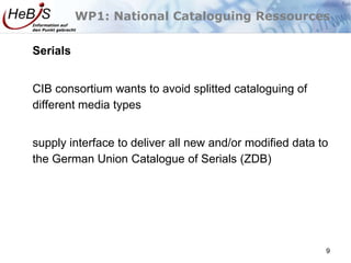 Information auf
den Punkt gebracht
WP1: National Cataloguing Ressources
Serials
CIB consortium wants to avoid splitted cat...
