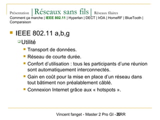 Vincent fanget - Master 2 Pro GI - SRR20
Présentation |Réseaux sans fils|Réseaux filaires
 IEEE 802.11 a,b,g
 Utilité
 Transport de données.
 Réseau de courte durée.
 Confort d’utilisation : tous les participants d’une réunion
sont automatiquement interconnectés.
 Gain en coût pour la mise en place d’un réseau dans
tout bâtiment non préalablement câblé.
 Connexion Internet grâce aux « hotspots ».
Comment ça marche | IEEE 802.11 | Hyperlan | DECT | IrDA | HomeRF | BlueTooth |
Comparaison
 