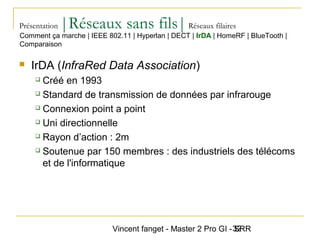 Vincent fanget - Master 2 Pro GI - SRR32
Présentation |Réseaux sans fils|Réseaux filaires
 IrDA (InfraRed Data Association)
 Créé en 1993
 Standard de transmission de données par infrarouge
 Connexion point a point
 Uni directionnelle
 Rayon d’action : 2m
 Soutenue par 150 membres : des industriels des télécoms
et de l'informatique
Comment ça marche | IEEE 802.11 | Hyperlan | DECT | IrDA | HomeRF | BlueTooth |
Comparaison
 