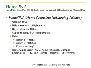 Vincent fanget - Master 2 Pro GI - SRR46
HomePNA
 HomePNA (Home Phoneline Networking Alliance)
 Créé en 1998
 Utilise le réseau téléphonique
 Rayon d’action 300 m
 Supporte jusqu’à 25 équipements.
 Débit
 Version 1 : 1 Mbps
 Version 2 : 10 Mbps
 50 Mbps envisagé
 Soutenu par 3Com, AMD, AT&T ,Wireless, Compaq,
Epigram, HP, IBM, Intel, Lucent, Rockwell, Tut Systems.
HomePNA | HomePlug | X10 | CableHome | LonWorks | CEBus |Universal Plug and Play
 