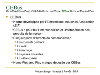 Vincent fanget - Master 2 Pro GI - SRR51
CEBusHomePNA | HomePlug | X10 | CableHome | LonWorks | CEBus |Universal Plug and Play
 CEBus
 Norme développée par l’Electronique Industries Association
(EIA)
 CEBus a pour but l’interconnexion et l’intéropération des
produits de la maison
 Cinq supports différents de communication
 Les courants porteurs
 La radio
 L’infrarouge
 Les paires torsadées
 Le câble coaxial
 Home Plug and Play marque déposée par CEBus
 