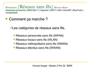 Vincent fanget - Master 2 Pro GI - SRR7
Présentation |Réseaux sans fils|Réseaux filaires
 Comment ça marche ?
 Les catégories de réseaux sans fils.
 Réseaux personnels sans fils (WPAN)
 Réseaux locaux sans fils (WLAN)
 Réseaux métropolitains sans fils (WMAN)
 Réseaux étendus sans fils (WWAN)
Comment ça marche | IEEE 802.11 | Hyperlan | DECT | IrDA | HomeRF | BlueTooth |
Comparaison
 