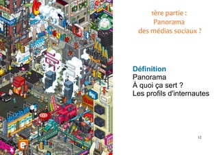 1ère partie :
      Panorama
 des médias sociaux ?




Définition
Panorama
À quoi ça sert ?
Les profils d'internautes




...