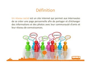 Définition
Un réseau social est un site internet qui permet aux internautes
de se créer une page personnelle afin de partager et d'échanger
des informations et des photos avec leur communauté d'amis et
leur réseau de connaissances.

Source : www.linternaute.com

 