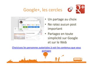 Google+, les cercles
• Un partage au choix
• Ne ratez aucun post
important
• Partagez en toute
simplicité sur Google
et sur le Web
Choisissez les personnes autorisées à voir les contenus que vous
partagez

Plus d’infos : http://www.google.com/+/learnmore/circles/
Plus de vidéos d’explication sur http://www.google.com/+/learnmore/features.html

 