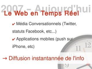 2007 –en Temps Réel
 Le Web Aujourd'hui
    ✔ Média Conversationnels (Twitter,
    statuts Facebook, etc...)
    ✔ Applications mobiles (push sur
    iPhone, etc)

→ Diffusion instantannée de l'info
 