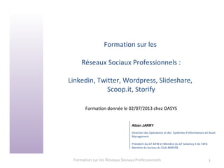 Formation sur les
Réseaux Sociaux Professionnels :
Linkedin, Twitter, Wordpress, Slideshare,
Scoop.it, Storify
Formation d...