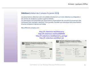 Annexes : quelques chiffres
26
SlideShare (création des 2 comptes fin janvier 2013)
Les présentations slideshare sont cons...
